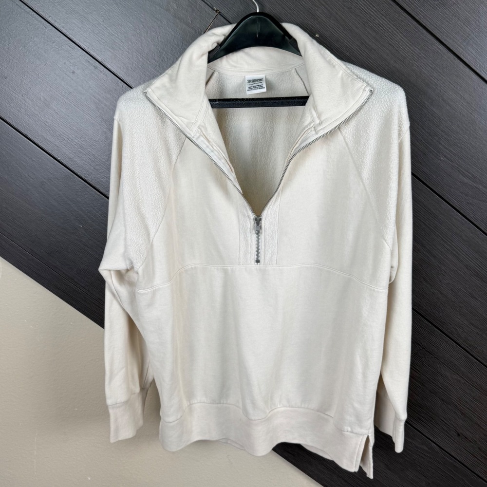 PINK Victoria's Secret Women Quarter Zip Pullover Small Ivory Fleece Logo